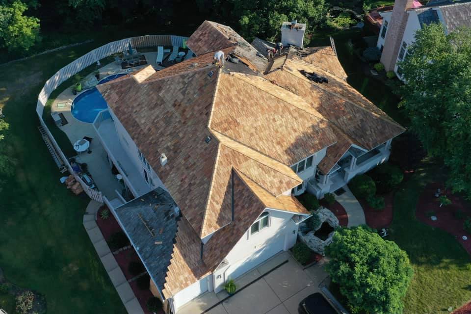 Aerial view of Cedar Sake roof project 