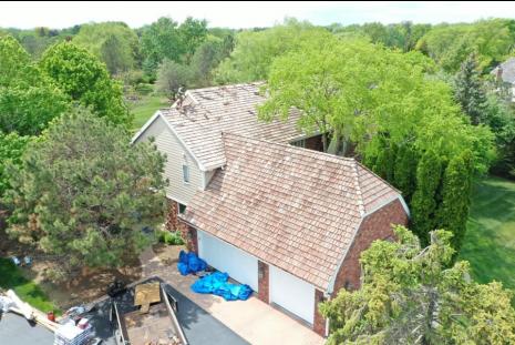 View of the completed roof from the front of the house 